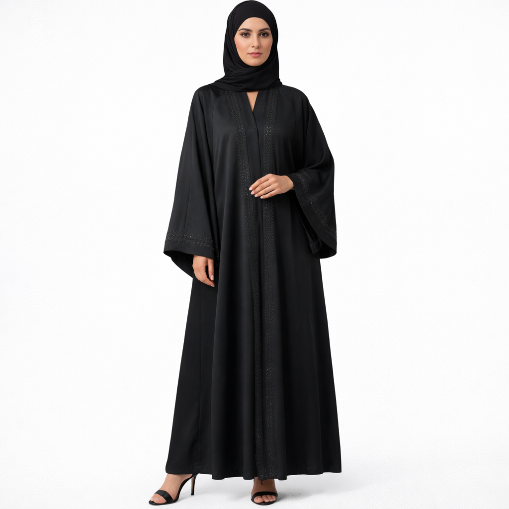 Black abaya with embroidered detailing.
