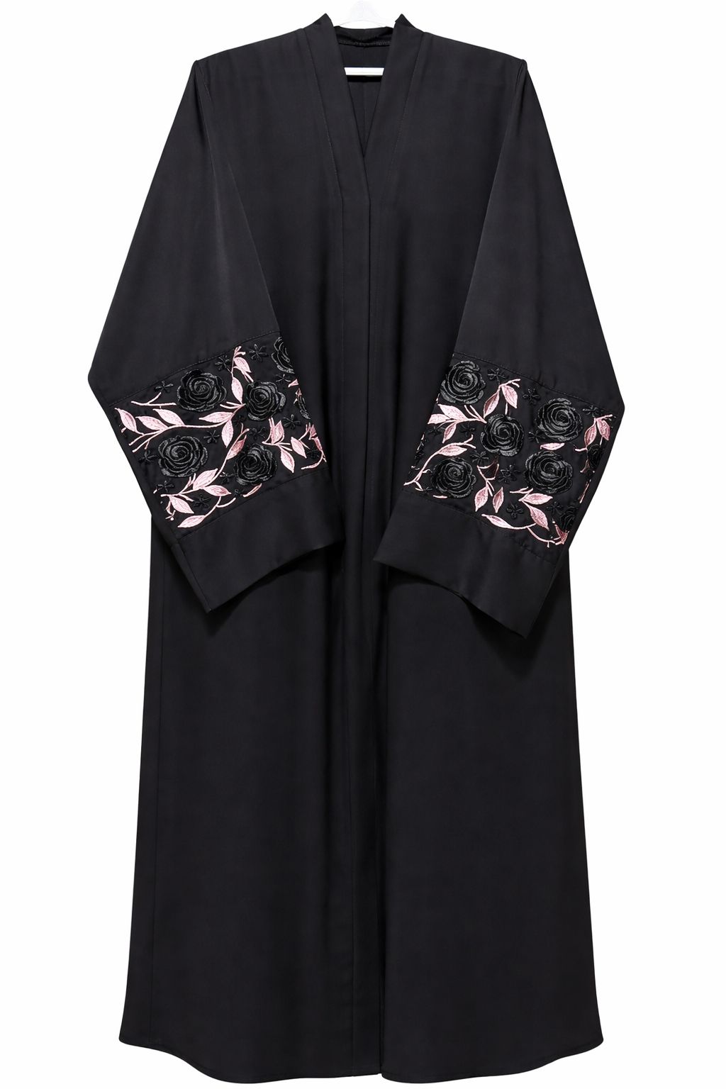 Front Open Black Abaya with Pink and Black Embroidery
