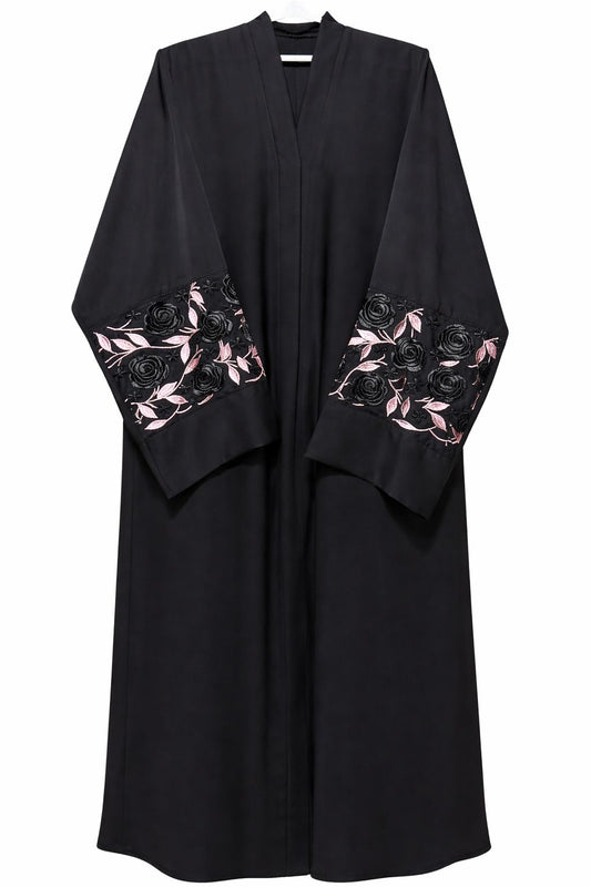 Front Open Black Abaya with Pink and Black Embroidery