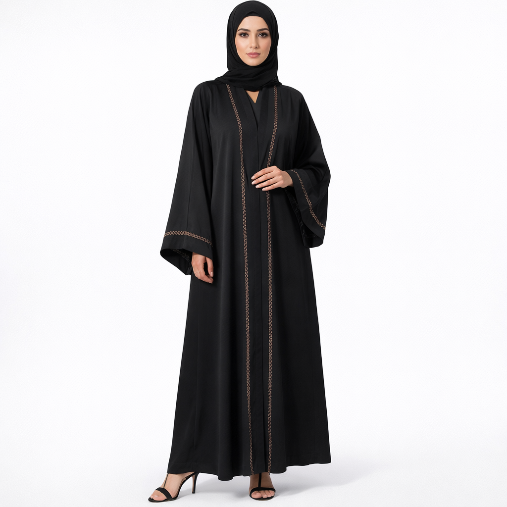 Black Embroidery Front Open Abaya