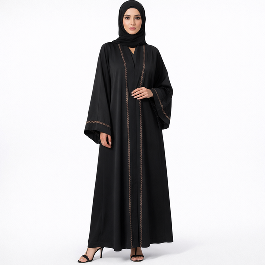 Black Embroidery Front Open Abaya