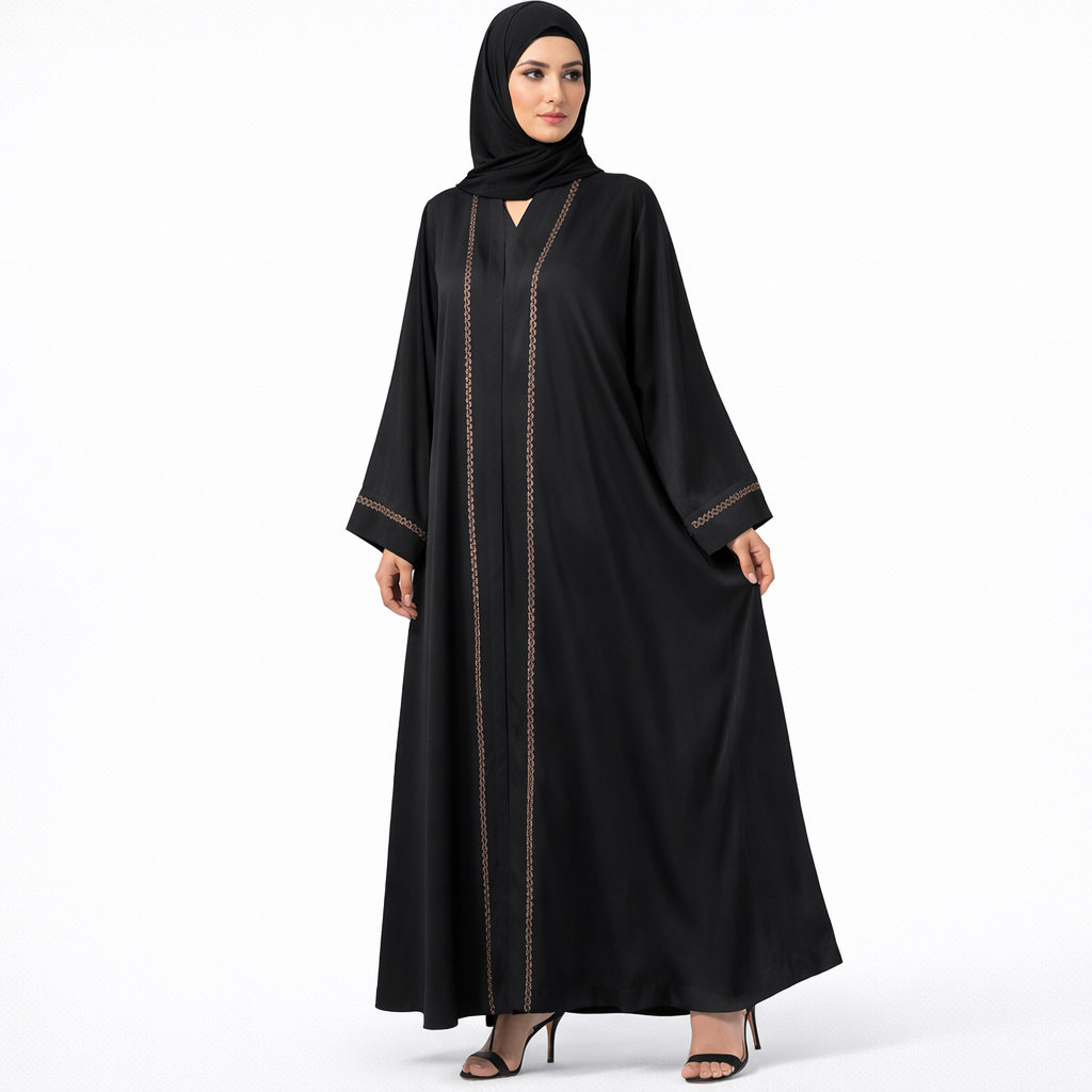 Black Embroidery Front Open Abaya