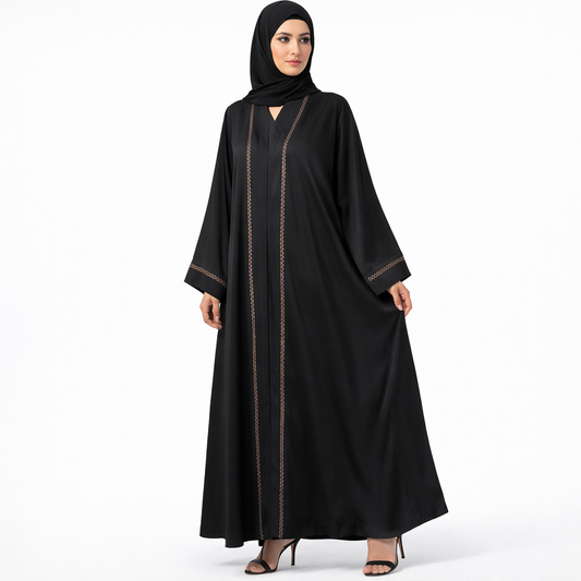 Black Embroidery Front Open Abaya
