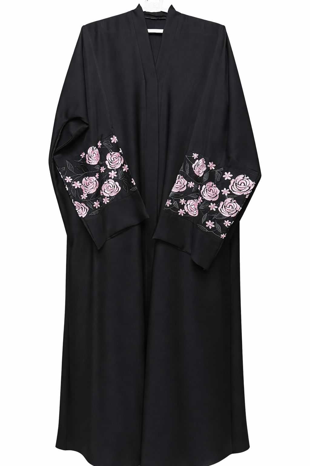 Front Open Black Abaya with Pink and Black Embroidery