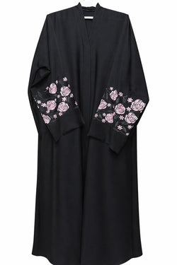 Front Open Black Abaya with Pink and Black Embroidery