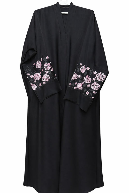 Front Open Black Abaya with Pink and Black Embroidery